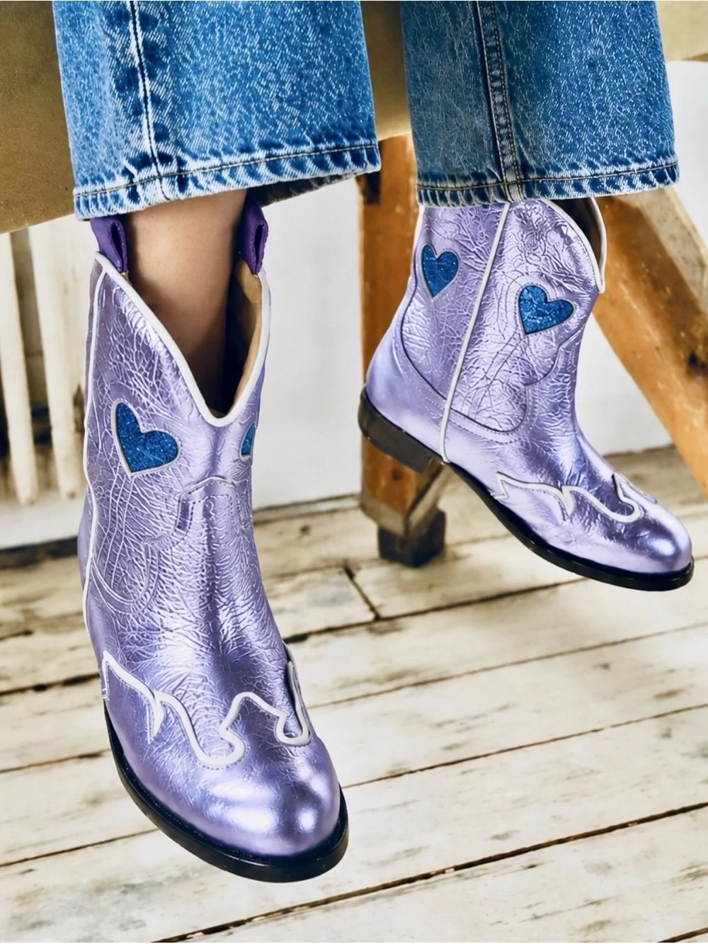 Maison Mangostan girl metallic purple sweetheart leather boots cowgirl SZ 28/ 11
